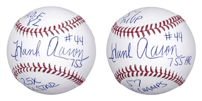 Lot of (2) Hank Aaron Autographed and Multi-Inscribed Baseball (JSA)